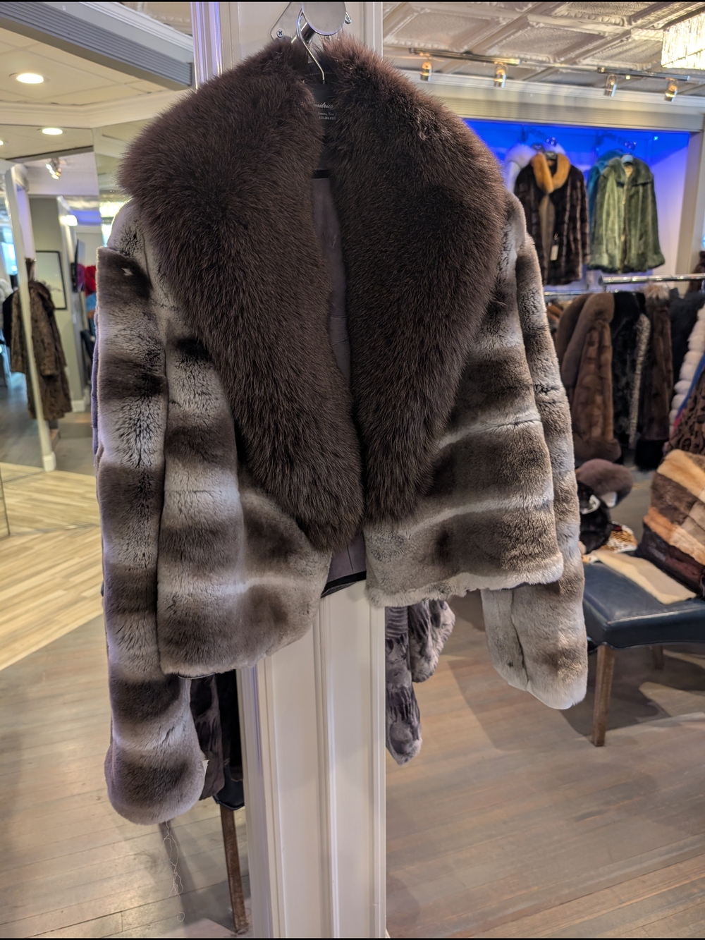 Plush Brown & Gray Fur Jacket with Voluminous Fox  Collar